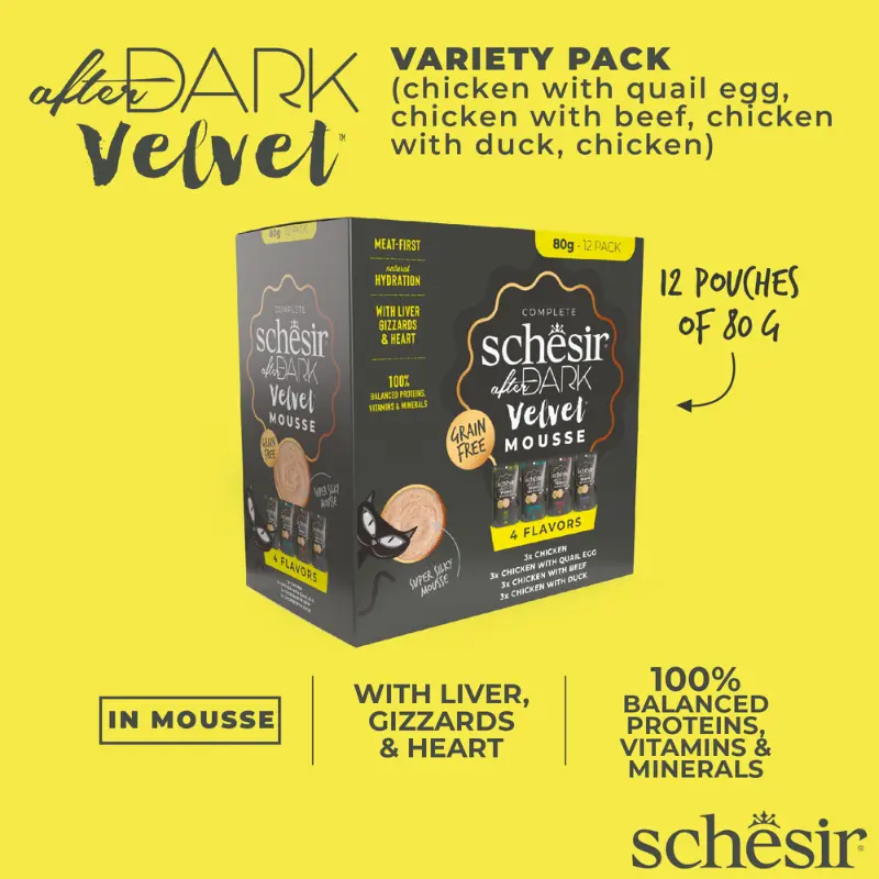 Schesir After Dark Velvet Mousse In Broth Variety Pack For Cat 960g (80g x12 Pouch) - 4 Flavors ( 3 Pouch Each Flavor) (3).webp
