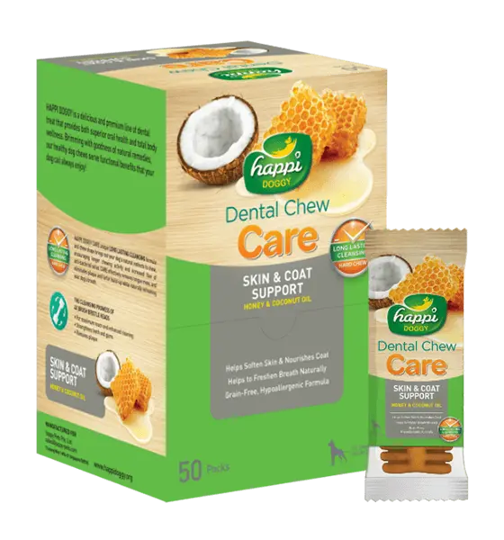 Happi-Doggy-Dental-Chew-Care-Skin-and-Coat-Support-Honey-and-Coconut-Oil-Box-of-4inch.webp