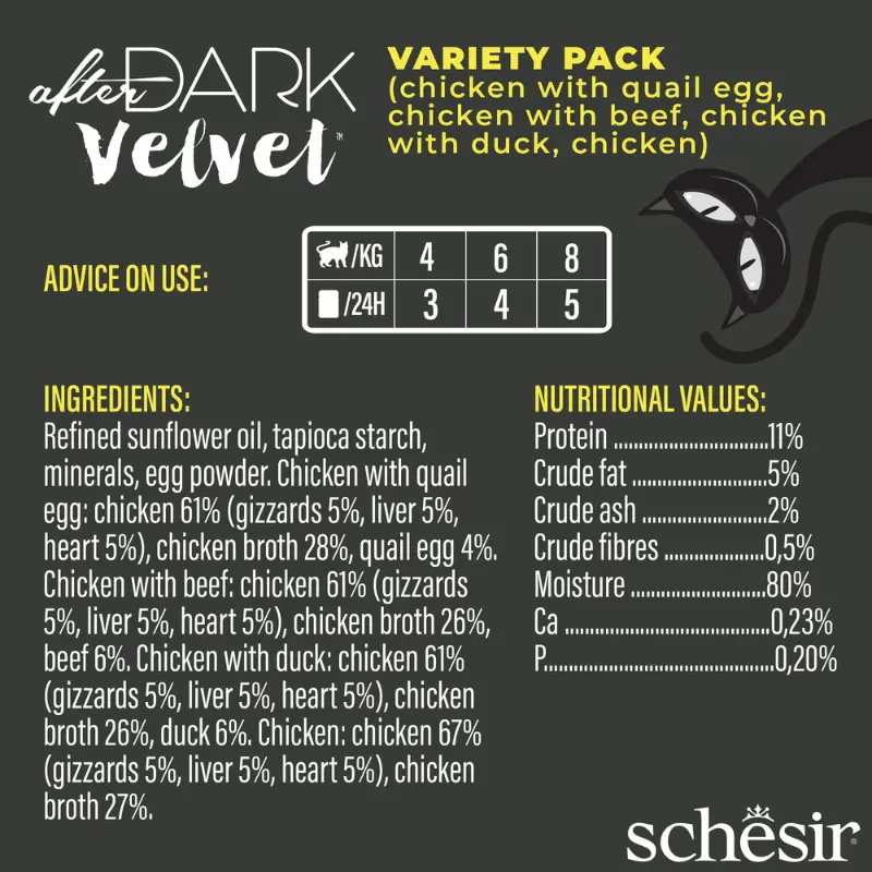 Schesir After Dark Velvet Mousse In Broth Variety Pack For Cat 960g (80g x12 Pouch) - 4 Flavors ( 3 Pouch Each Flavor) (1).webp