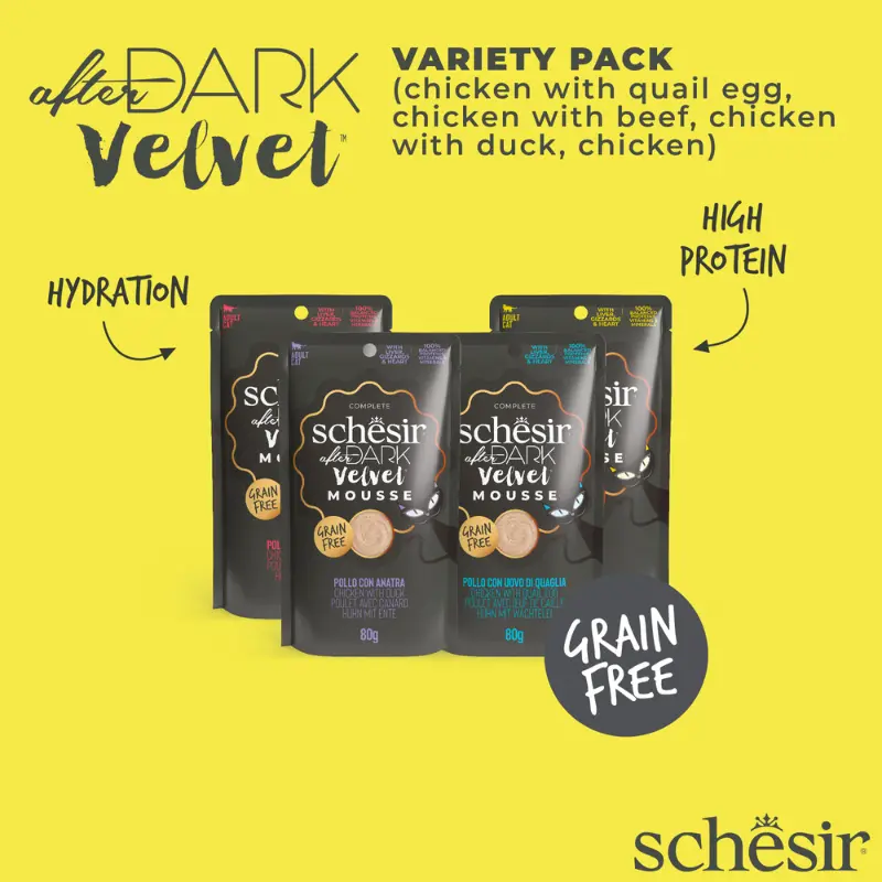 Schesir After Dark Velvet Mousse In Broth Variety Pack For Cat 960g (80g x12 Pouch) - 4 Flavors ( 3 Pouch Each Flavor) (2).webp