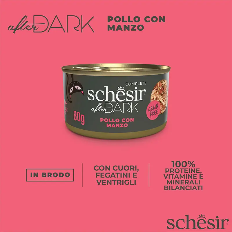 Schesir After Dark Wholefood In Broth For Cat - Chicken With Beef 80g (Min Order- 12 Cans).webp
