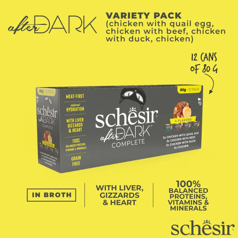 Schesir After Dark Wholefood In Broth Variety Pack For Cat 960g (80g x12 Cans) - 4 Flavors (3 Cans Each Flavor) (1).webp