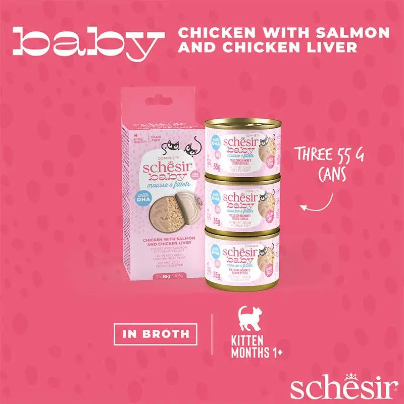 Schesir Baby Cat Can Multipack Mousse & Fillets - Chicken With Salmon & Chicken Liver 165g (3 Cans x55g) (5).webp