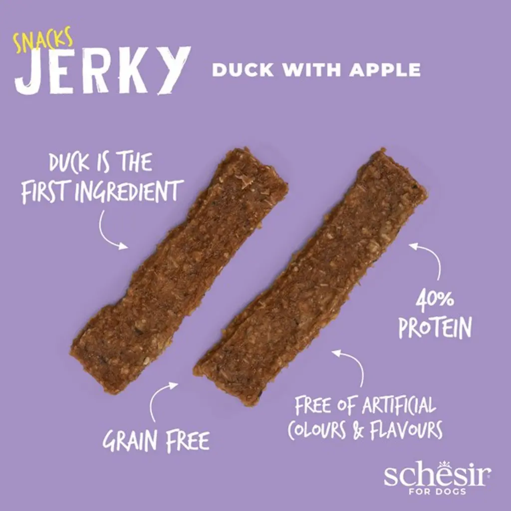 Schesir GF Dog Snacks Jerky 145g - Duck with Apple (2).webp