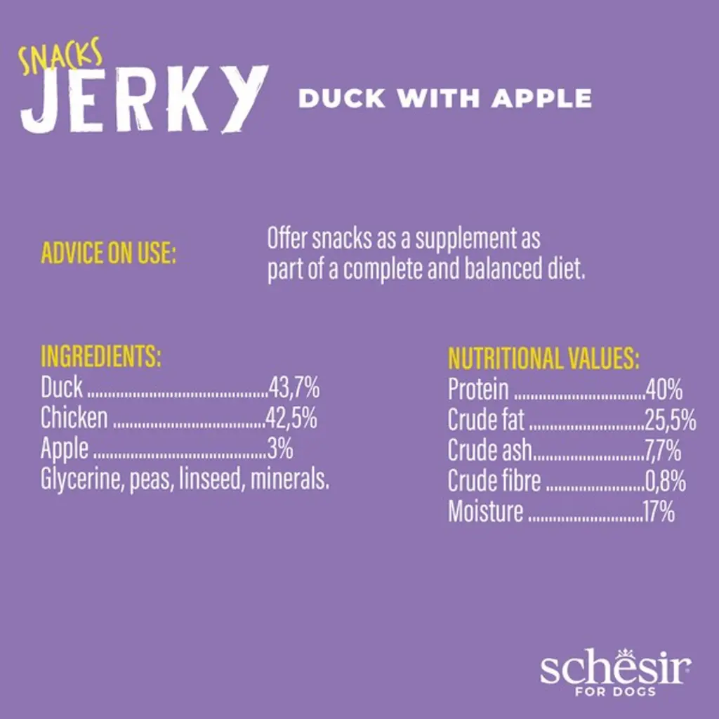 Schesir GF Dog Snacks Jerky 145g - Duck with Apple (1).webp