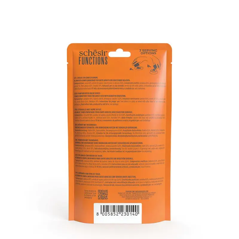 Schesir Functions Cat Pouch Digestive Topper Pumpkin With Wheat Grass 40g (Min Order- 12 Pouch).webp
