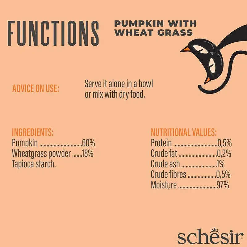Schesir Functions Cat Pouch Digestive Topper Pumpkin With Wheat Grass 40g (Min Order- 12 Pouch) (1).webp