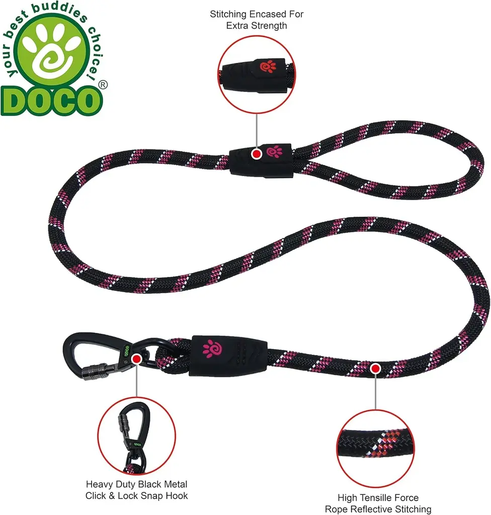 Doco 5ft Reflective Rope Leash With Click & Lock Snap (DCROPE5060)[Color - Pink, Size - S] (2).webp