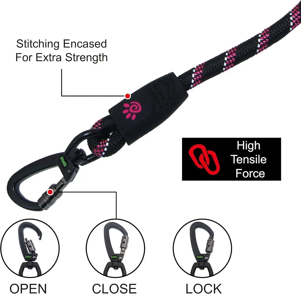 Doco 5ft Reflective Rope Leash With Click & Lock Snap (DCROPE5060)[Color - Pink, Size - S].webp
