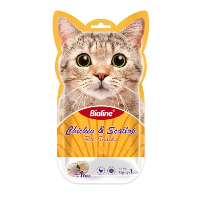 Bioline Cat Treats Chicken & Scallop Flavor Premium & Nutritious Easy To Digest Cat Treat Pouch 5x15g