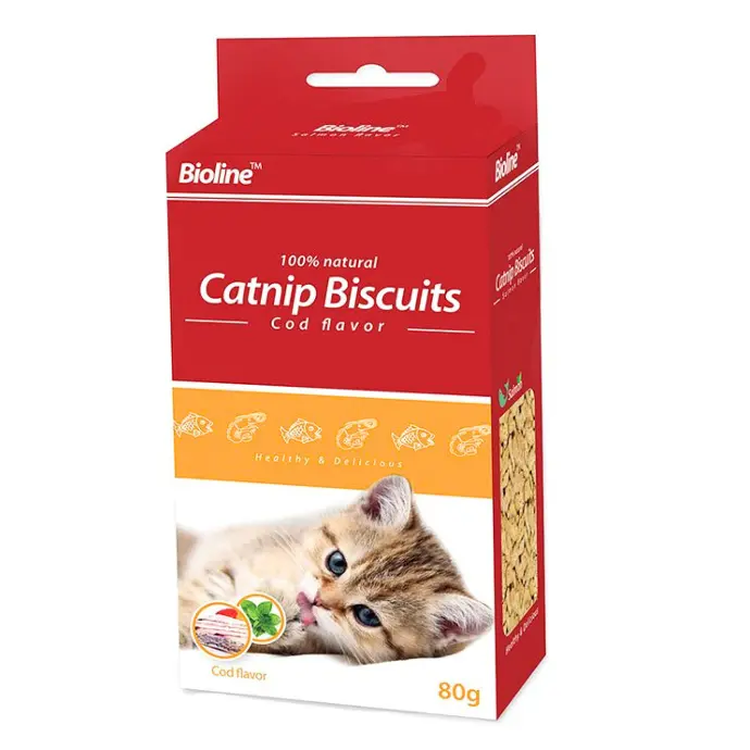 Bioline Catnip Biscuits, 80g, Cod Flavor, Digestive & Play Treat