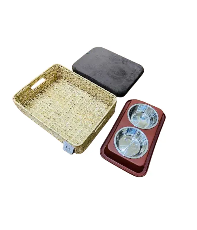 [HY18347] Catry Basket Cushion & Bowl Set for Cats - 40 x 30cm