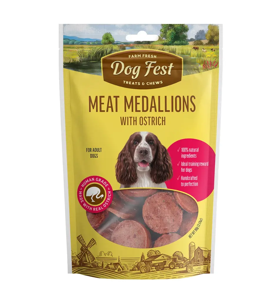 [79208979] Dog Fest Ostrich Medallions Savory Dog Treats - 90g