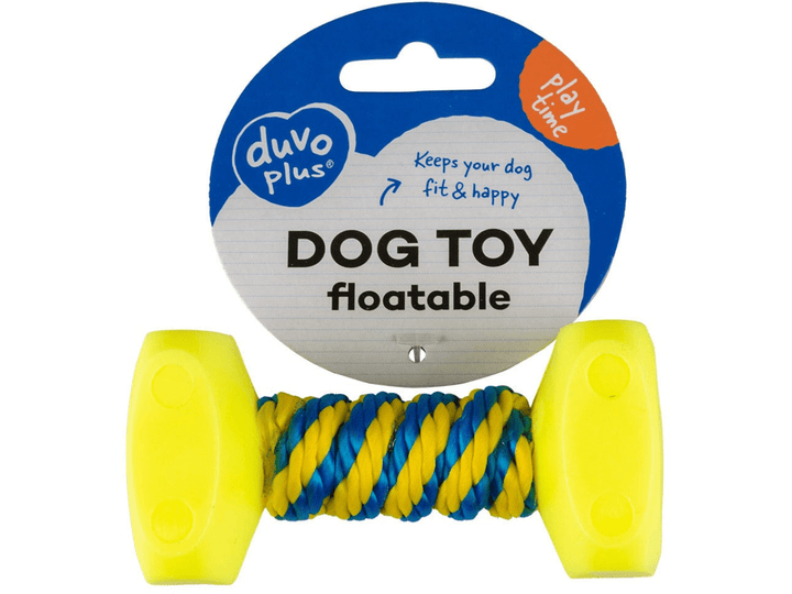 [LR11147] Duvo Duvo+ Dog Toy Dumbbell with Rope 14x7cm Blue/Yellow Dimension: 14x7cm (Dog)