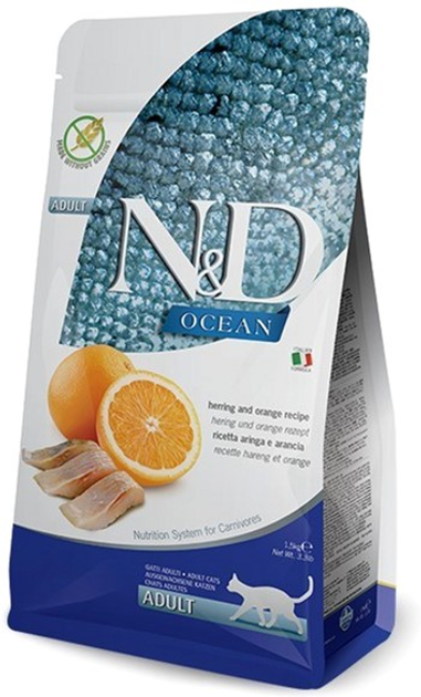 [8010276036704] Farmina N&D Ocean Dry Food Herring & Orange For Adult Cats Dry Cat Food Bag 1500g