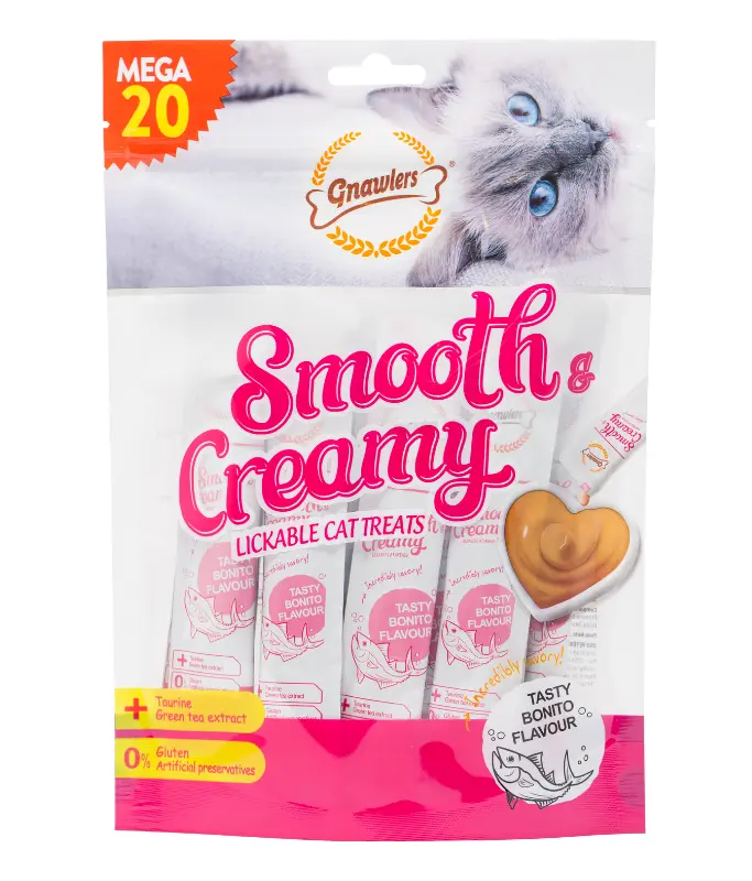 Gnawlers Smooth & Creamy Lickable Bonito Flavour Cat Treats Pouch 20pcs X 15g