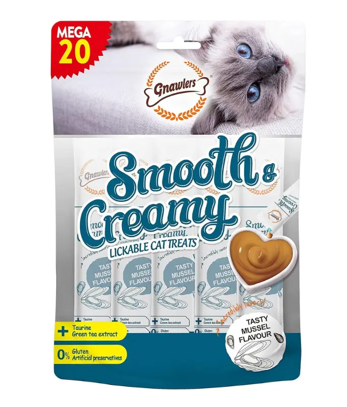 Gnawlers Smooth & Creamy Lickable Mussel Flavour Cat Treats Pouch 20pcs X 15g