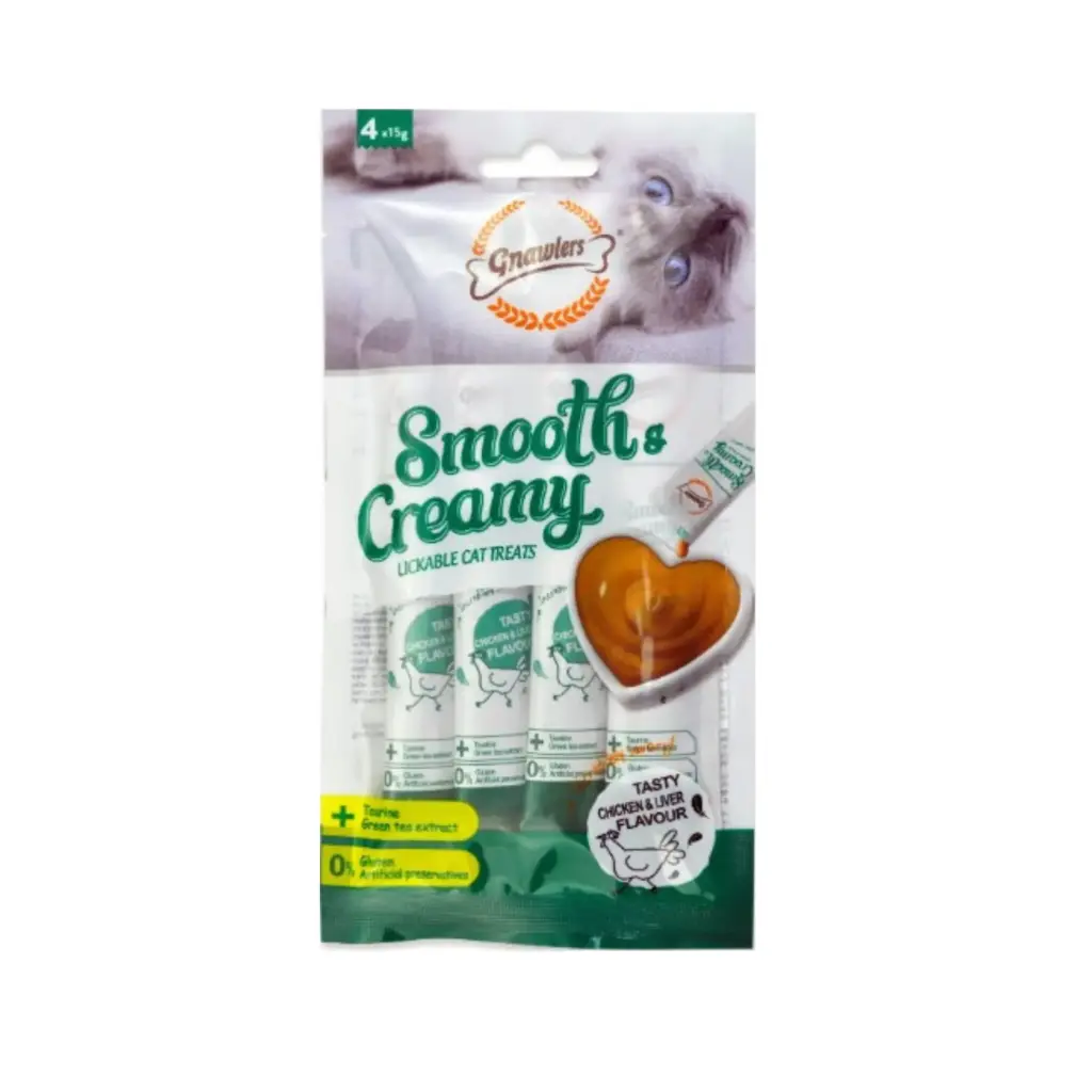 Gnawlers Smooth & Creamy Lickable Chicken & Liver Flavour Cat Treats Pouch 4pcs X 15g