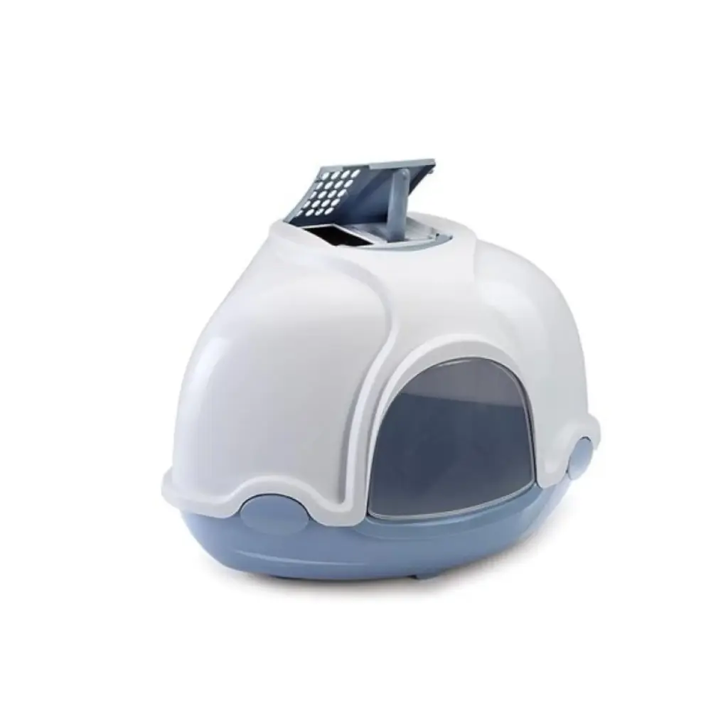 IMAC Ginger - Hooded Corner Shaped Litter TrayDimension: 52x52x44.5 cm, Color: Blue & White