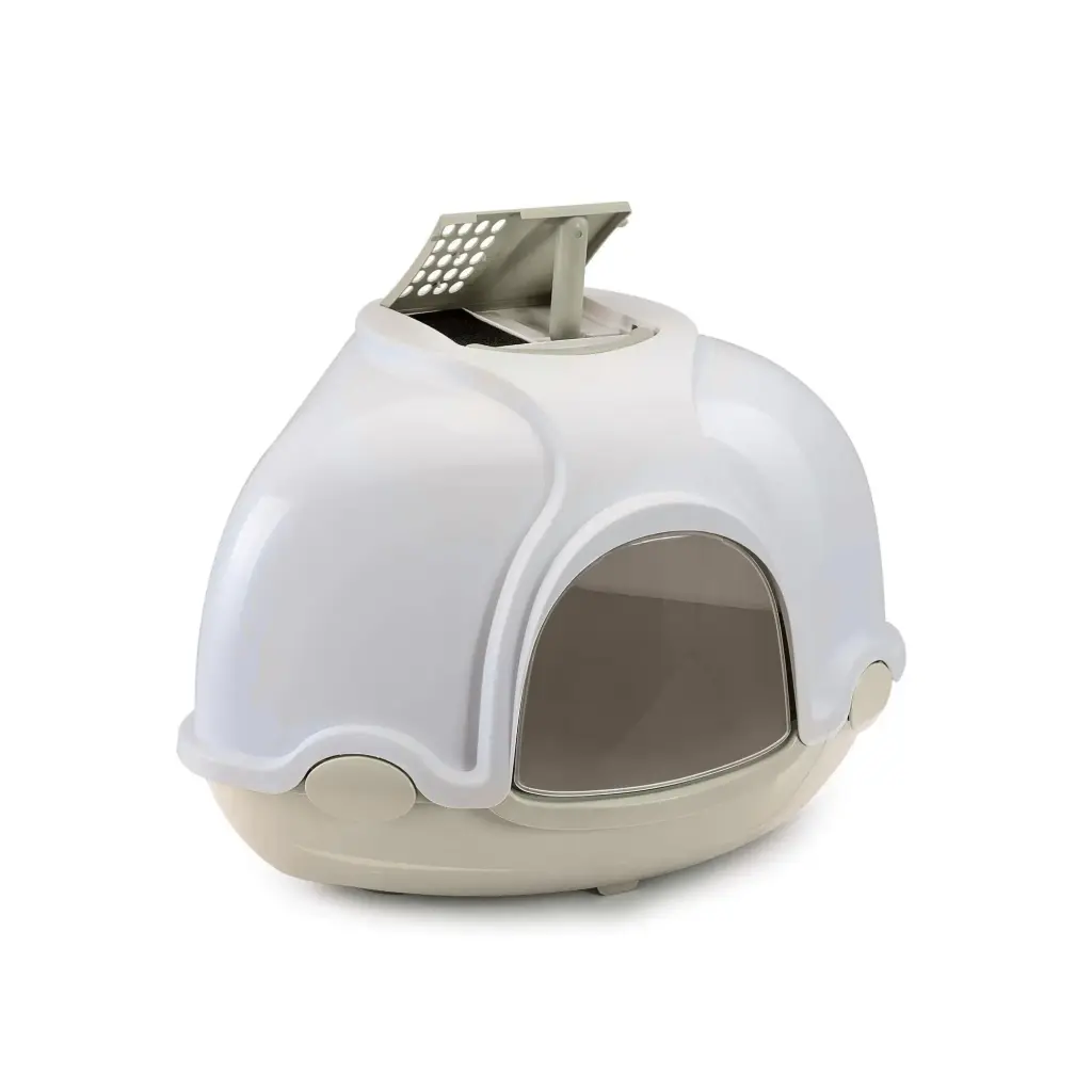 IMAC Ginger - Hooded Corner Shaped Litter TrayDimension: 52x52x44.5 cm, Color: Pink & White