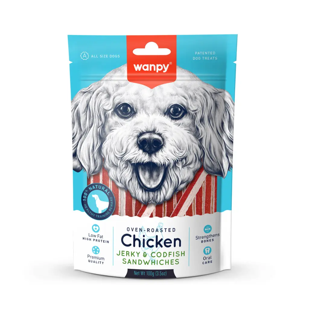 [CC-01S] Wanpy Chicken Jerky & Codfish Sandwiches Treat Pouch 100G