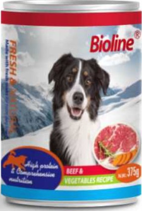 Bioline Canned Dog Food, 375g, Flavor Beef & Vegetables, High-Protein for Vitality & Digestion