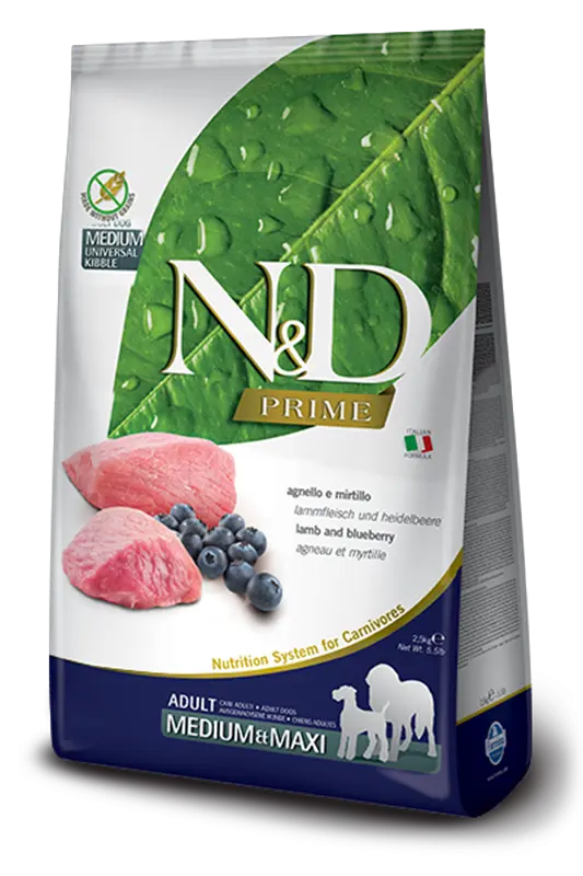 [8010276036643] Farmina N&D Prime Lamb & Blueberry Medium & Maxi Adult Dry Food Bag 2.5Kg