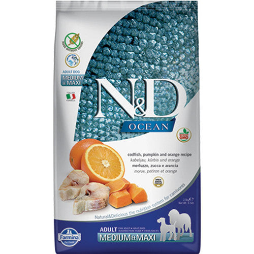 [8010276036551] Farmina N&D Ocean Cod, Pumpkin & Orange Medium & Maxi Adult Dry Food Bag 2.5kg
