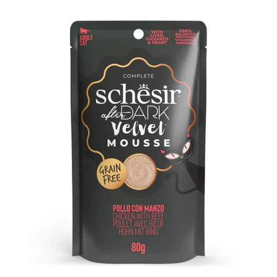 [8005852132307] Schesir After Dark Velvet Mousse Chicken With Beef Rich Wet Cat Food Can 80g