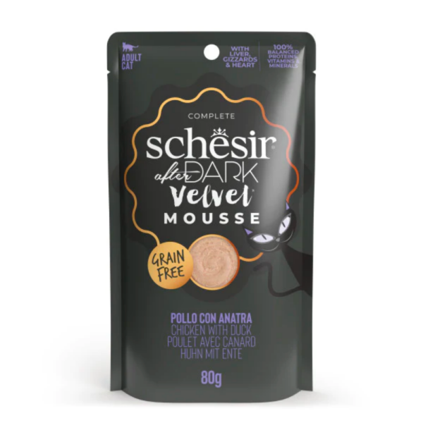 [8005852132406] Schesir After Dark Velvet Mousse Chicken With Duck Gourmet Wet Cat Food Can 80g