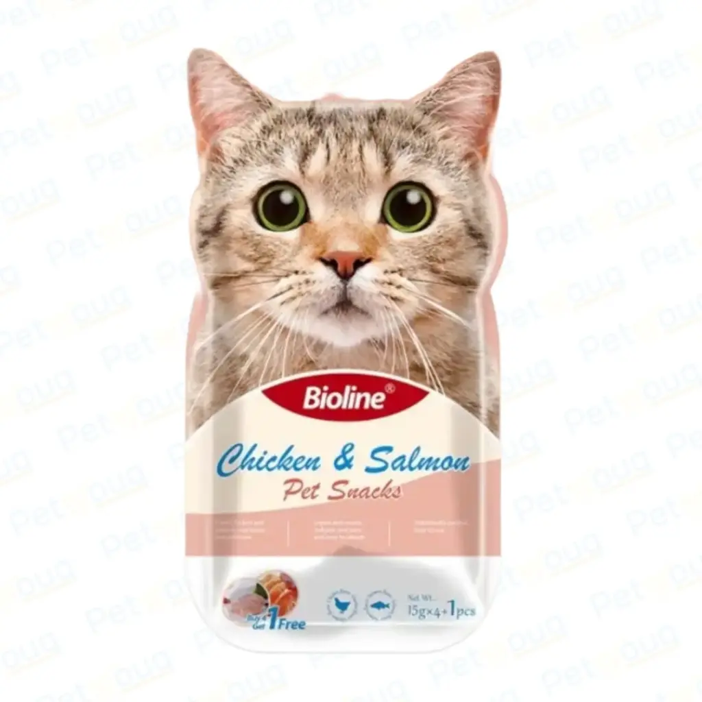 Bioline Cat Treats Chicken & Salmon Flavor High-Quality Tuna & Salmon Pulp Easily Digestible Cat Treat Pouch 5x15g