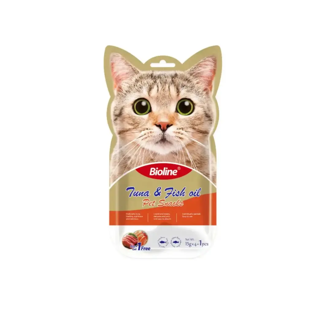 [6970117124538] Bioline Cat Treats Tuna & Fish Flavor High-Quality & Nutritious Delicious & Digestible Cat Treat Pouch 5x15g