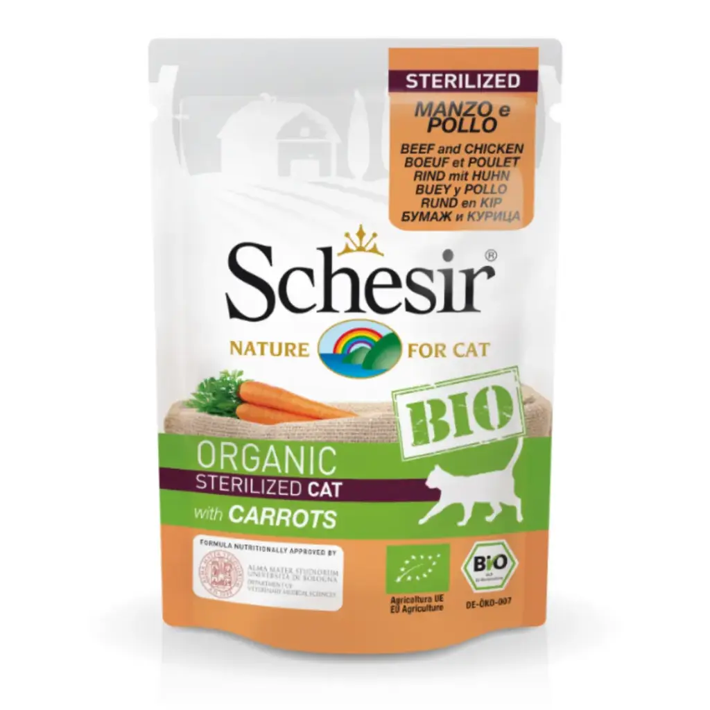 SchesirBioSterilizedBeefAndChickenWithCarrotsOrganicWetCatFoodCan85g