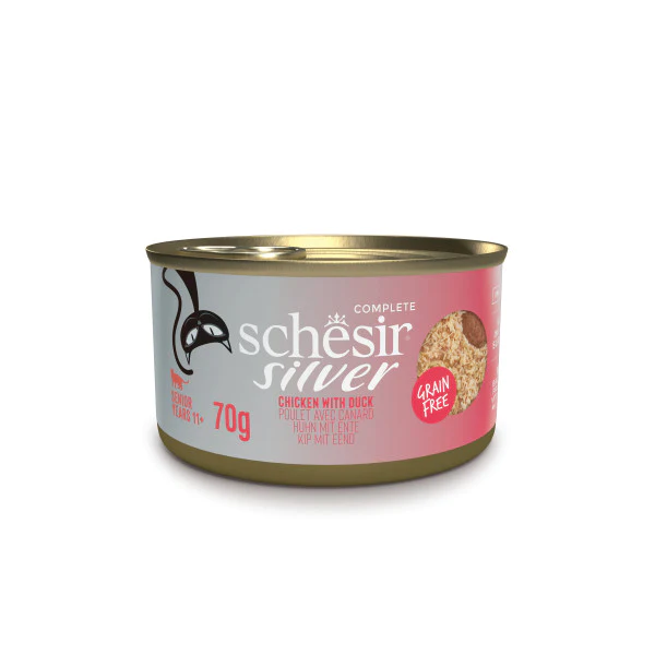 Schesir Silver Mousse & Fillets Senior Wholefood Chicken With Duck Senior Support Wet Cat Food Can 70g