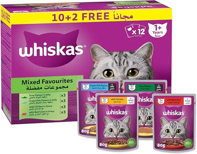 [110872-1] Whiskas Mixed Favourites Wet Cat Food 10+2 Multipack - 12X80G