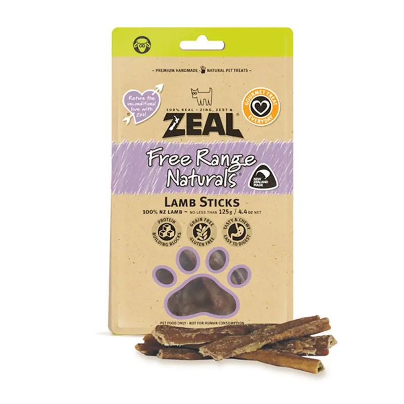Zeal Free Range Natural Lamb Stick Dog Treats Pouch 125g