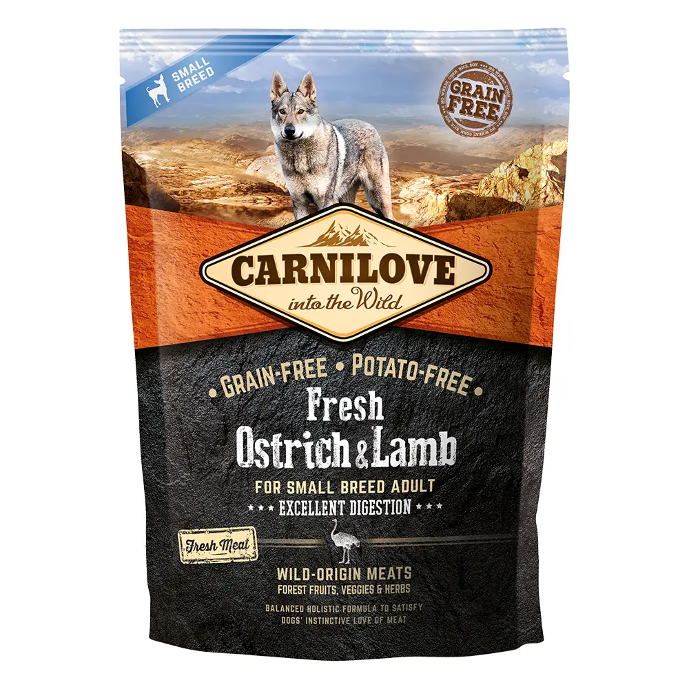 [8595602527472] Carnilove Fresh Ostrich & Lamb Small Breed Adult Dry Dog Food - 1.5kg