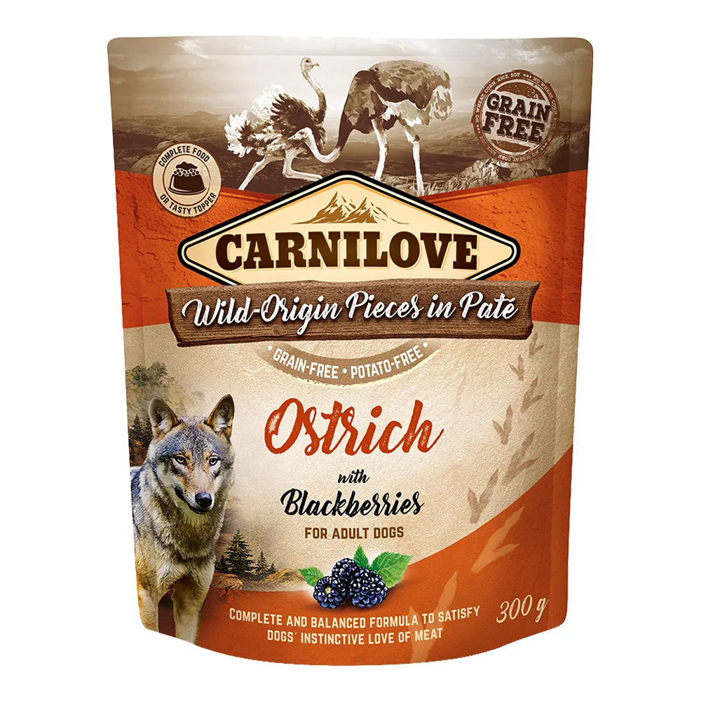 [8595602537747] Carnilove Ostrich with Blackberries Grain-Free Adult Wet Dog Food - 12 x 300g
