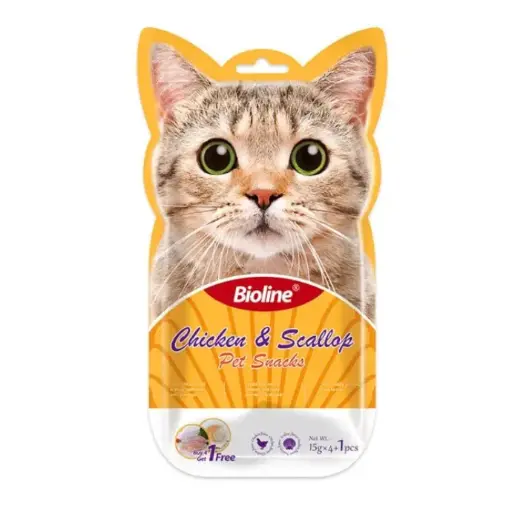 [6970117124507] Bioline Cat Treats Chicken & Scallop Flavor Premium & Nutritious Easy To Digest Cat Treat Pouch 5x15g