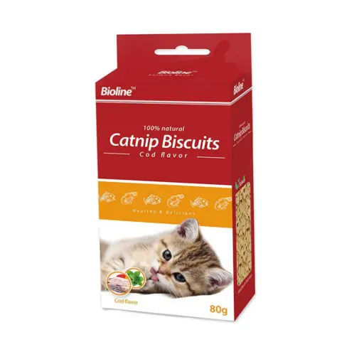 [6970117122954] Bioline Catnip Biscuits, 80g, Cod Flavor, Digestive & Play Treat