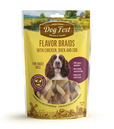 [79214932] Dog Fest Chicken, Duck And Fish Flavor Braids Treat Pouch 90g