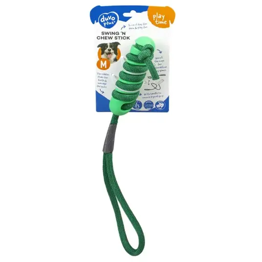 [LR12423] Duvo+ Swing 'N Chew Dog Toy – Green (12.2cm)Durable Rubber & Rope for Fetch, Tug & Dental Health