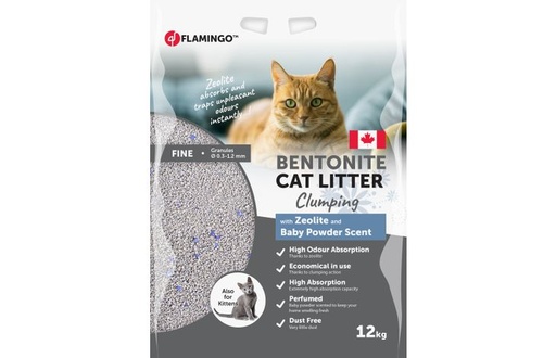 [561312] Flamingo Bentonite Zeolite & Baby Powder Scent Clumping Cat Litter (12kg)