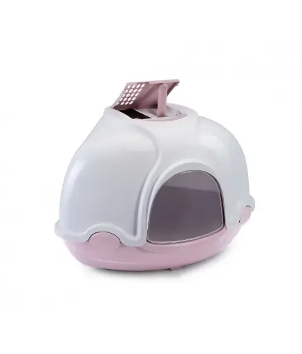 [IM84386] IMAC Ginger - Hooded Corner Shaped Litter TrayDimension: 52x52x44.5 cm, Color: Pink & White