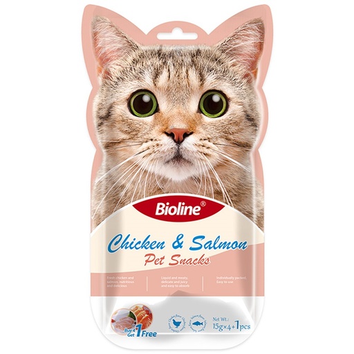 [6970117124491] Bioline Cat Treats 5x15g Chicken & Salmon Flavor, High-Quality Tuna & Salmon Pulp, Easily Digestible