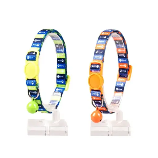 [LR11165] Duvo Cat Collar Nylon Mixed Colors 20 - 30cm / 10mm Fish pattern bones -1pc