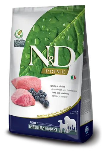 [8010276036643] Farmina N&D Prime – Lamb & Blueberry Recipe for Medium & Maxi Adult Dogs 2.5Kg